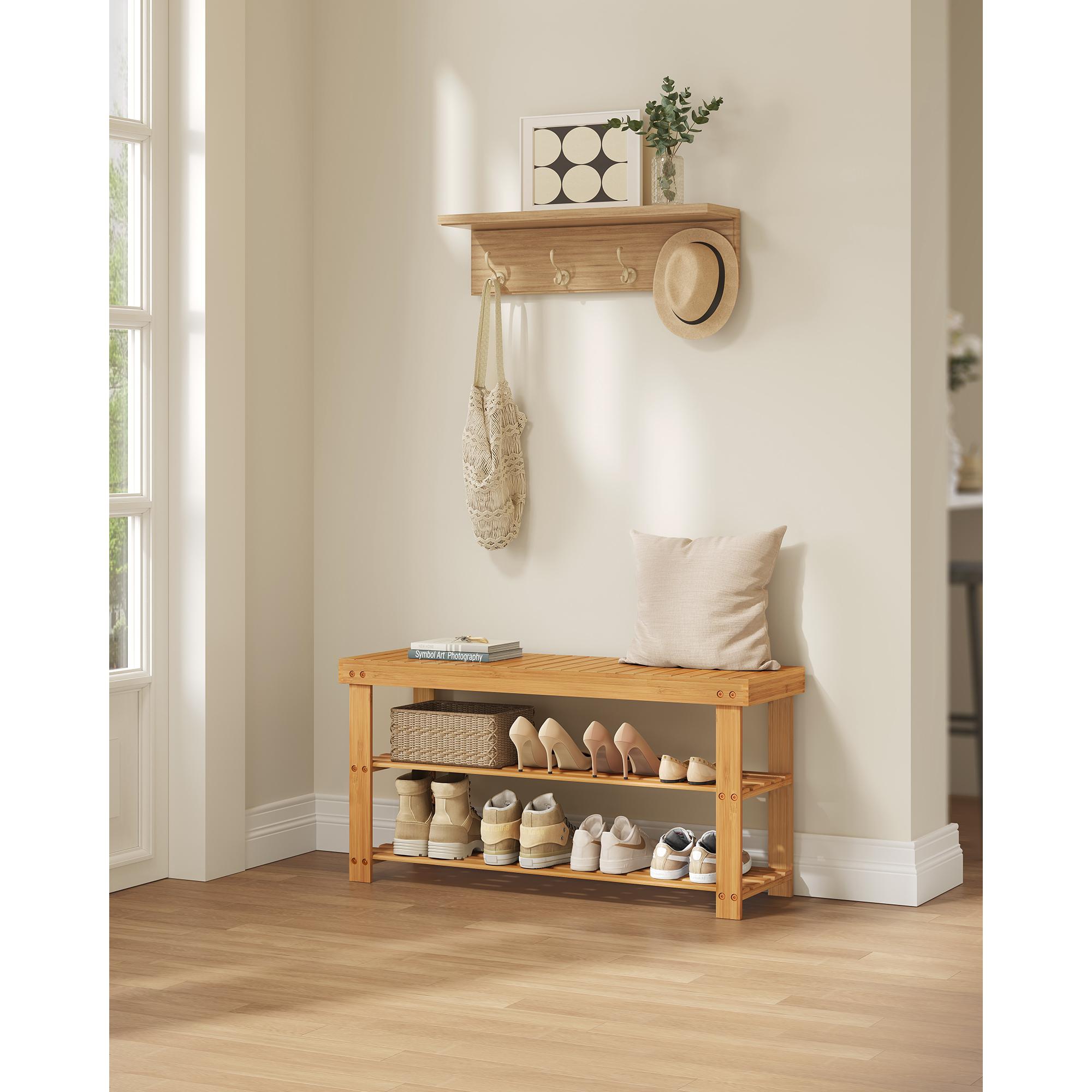SONGMICS Shoe Rack Bench, 3-Tier Bamboo Shoe Storage Organizer, Entryway Bench, Holds Up to 286 lb, Natural