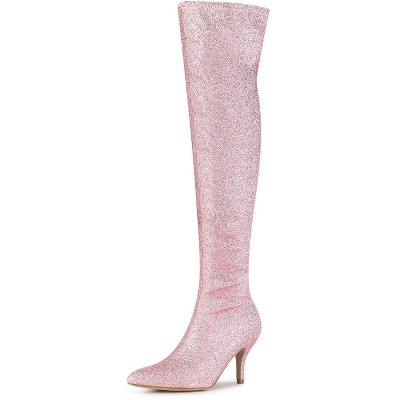 Allegra K Women's Glitter Pointed Toe Stiletto Heel Over the Knee High Boots