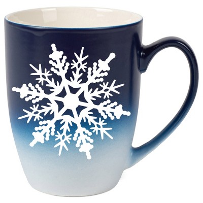 Elanze Designs Snowflake Bold Line Two Toned Ombre Matte Navy Blue and White 12 ounce Ceramic Stoneware Coffee Cup Mug