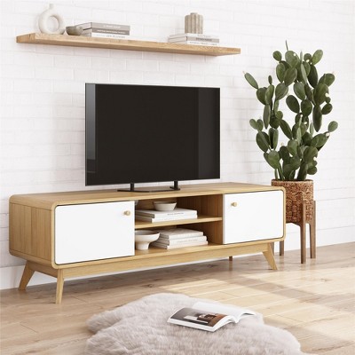 Leva Oak and White Mid-Century Modern TV Stand with Cabinet
