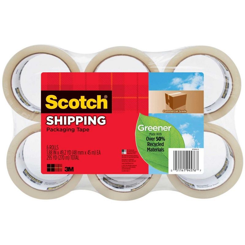 Scotch Greener Shipping Packaging Tape, 1.88 Inches x 49 Yards, Clear, Pack of 6, 1 of 2