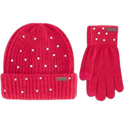 Nicole Miller Women Rhinestone Winter Beanie Hats & Soft Warm Gloves Set