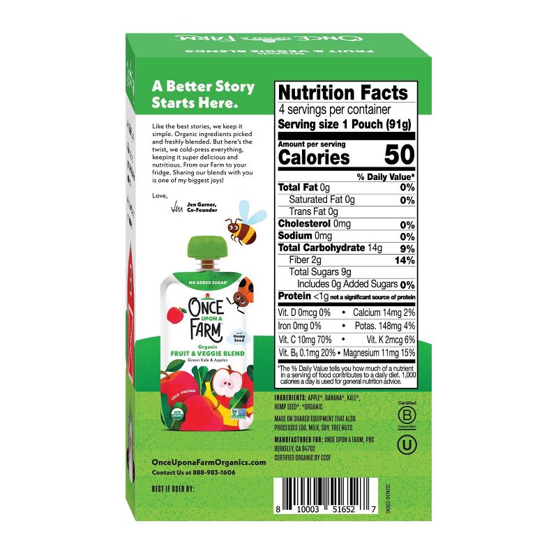 Once Upon a Farm Green Kale &#38; Apples Organic Kids&#39; Snack - 4ct/3.2oz Pouches, 2 of 8