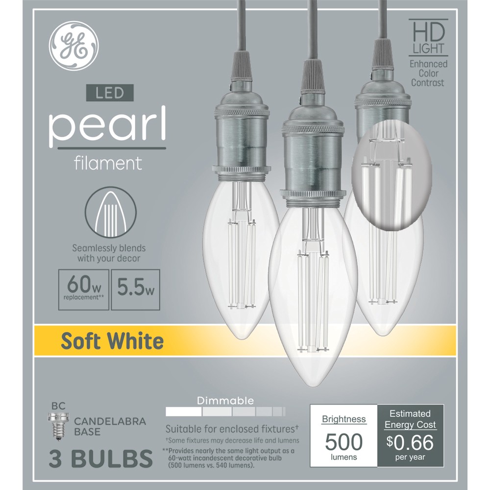 Photos - Light Bulb GE 3pk Pearl HD Soft White 60W LED Deco Candelabra Base BC 