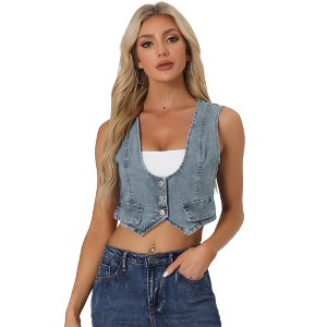 Allegra K Women's Vintage Button-Up Sleeveless Cropped Jean Waistcoat Vest - 1 of 4
