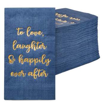 Sparkle and Bash 100 Pack Navy Blue Napkins for Wedding Reception Party with Gold Foil, To Love, Laughter and Happily Ever After, 3-Ply, 4 x 8 In