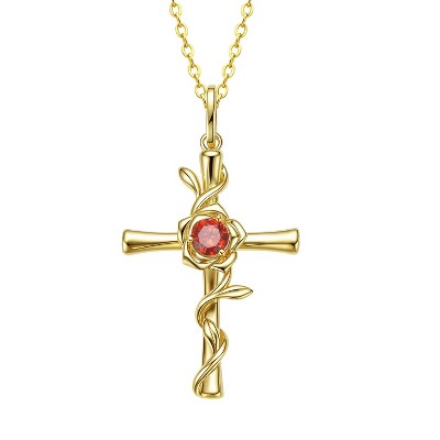 Molenia Birthstone Cross Necklace for Women, Gold Plated Rose Flower Pendant 925 Silver Faith Christian Religious Jewelry Baptism Gift Christmas