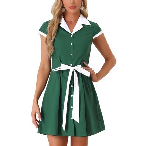 Allegra K Women's Vintage Button Down Flat Collar Belted Office Mini Shirt Dress - 1 of 4