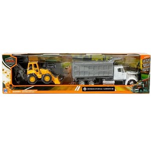 New Ray 1:43 International LoneStar Dump Truck (White) with Flatbed Trailer and Wheel Loader (Yellow) - 1 of 3