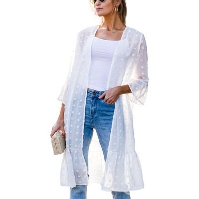 Amaryllis Women's Long Sheer Duster Cardigan with Swiss Dot Texture and Ruffle Hem Layering Piece