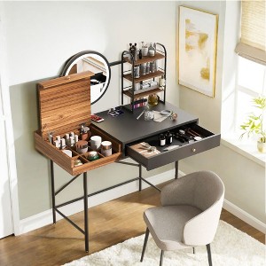 NicBex Vanity Desk with Mirror 40" Vanity Table with Mirror, Wireless Charging Station, Classic Wood Makeup Vanity with 3 Open Shelves - 1 of 4