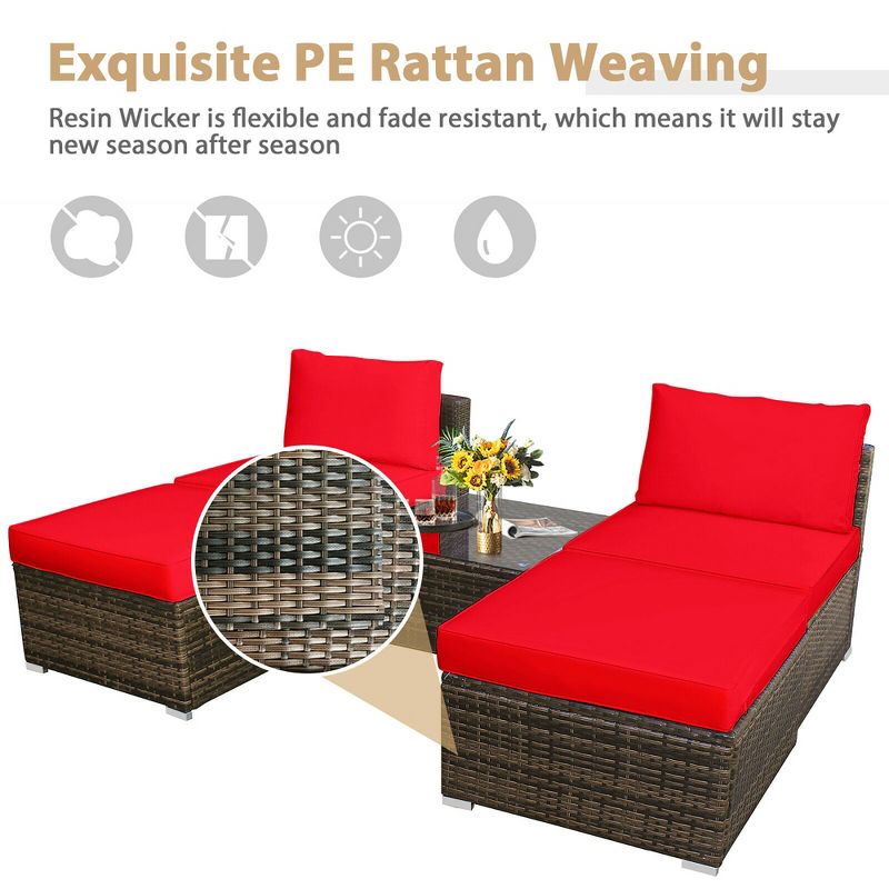 Costway 5PCS Patio Rattan Wicker Furniture Set Armless Sofa Cushioned Red/Turquoise, 5 of 13