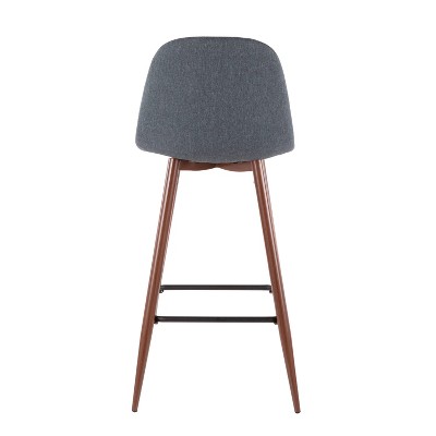 Contemporary Pebble Blue Fabric & Walnut Metal Bar Stools - Set of 2