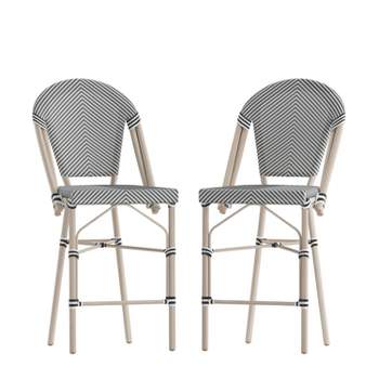 Merrick Lane Set of Two Stacking French Bistro Style Counter Stools with Textilene Backs and Seats and Metal Frames for Indoor/Outdoor Use
