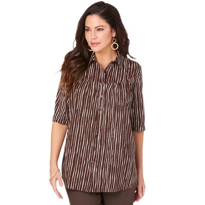 Roaman's Women's Plus Size Shirred Button-front Top - 14 W, Brown : Target