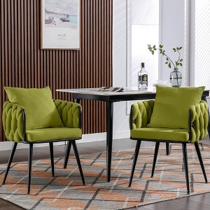 Modern Dining Chairs Set Of 2 Upholstered Velvet Side Chair Hand Weaving Accent Armchair With Metal Legs Cushion - 1 of 4