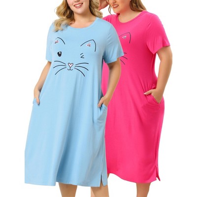 Agnes Orinda Women's Plus Size Cute Cat Print Short Sleeve with Pockets Nightgowns