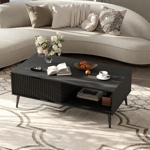 2-Tier Farmhouse Coffee Table–Sliding Wave Pattern Door & Storage,Modern Wooden Center Table for Living Room & Office - 1 of 4