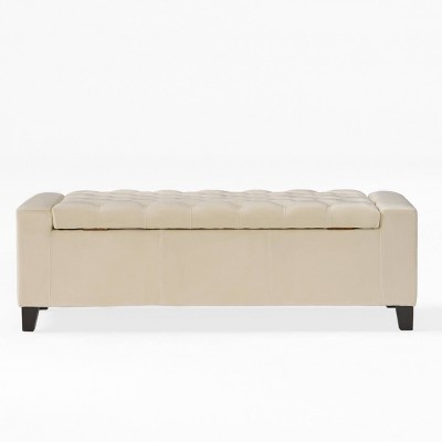 Ivory Velvet Tufted Storage Ottoman Bench with Dark Brown Birch Legs