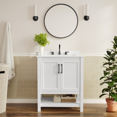 Flash Furniture Vega Bathroom Vanity with Sink Combo, Storage Cabinet with Soft Close Doors and Open Shelf, Carrara Marble Finish Countertop
