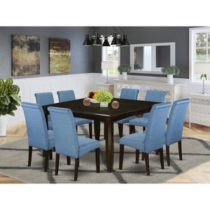 HomeStock 9Pc Square Dining table with linen Blue fabric Parson chairs with cappuccino chair legs - 1 of 3
