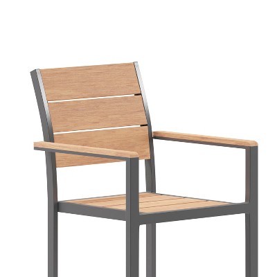 Gray Metal Patio Dining Chair with Natural Faux Teak Slats