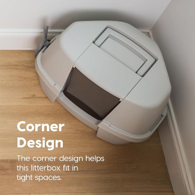Large Gray Plastic Corner Enclosed Cat Litter Box with Scoop
