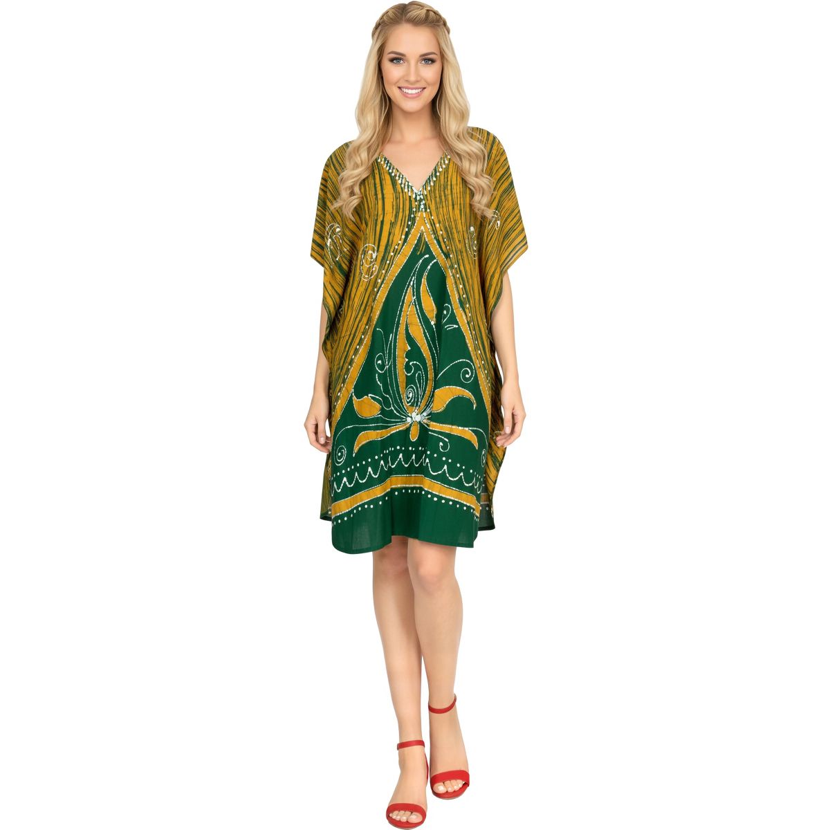 LA LEELA Summer Cotton Relaxed Fit Caftan Tunic for Women Resortwear Cruise Vacation Holiday Pregnancy Wear 2X-3X Green Paisley