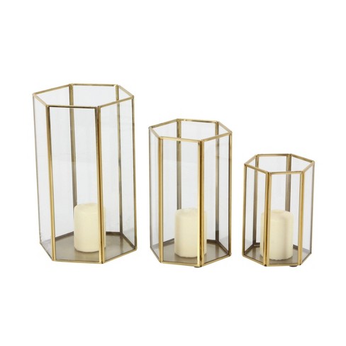 Set Of 3 Modern Metal And Glass Candle Holders With Hexagon Silhouettes  Gold - Cosmoliving By Cosmopolitan : Target