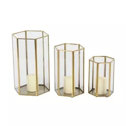 Set of 3 Modern Metal and Glass Candle Holders with Hexagon Silhouettes Gold - CosmoLiving by Cosmopolitan