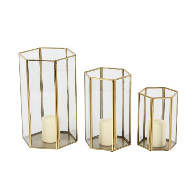Set of 3 Modern Metal and Glass Candle Holders with Hexagon Silhouettes Gold - CosmoLiving by Cosmopolitan, 1 of 22