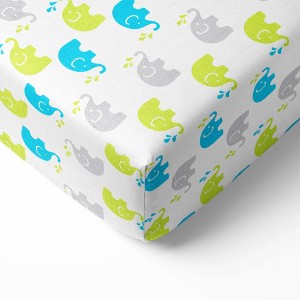 Bacati - Elephants Aqua/Lime/Gray Muslin 100 percent Cotton Universal Baby US Standard Crib or Toddler Bed Fitted Sheet - 1 of 4