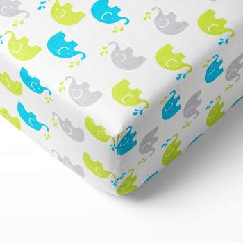 Bacati - Elephants Aqua/Lime/Gray Muslin 100 percent Cotton Universal Baby US Standard Crib or Toddler Bed Fitted Sheet