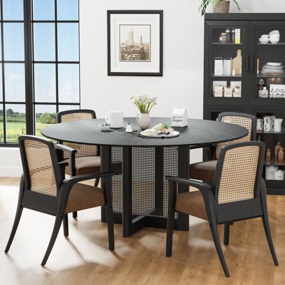 PexFix 60" x 60" Farmhouse Kitchen Dining Room Table Furniture Round Black Kitchen Table with Rattan Woven Legs for Kitchen Bar Living Room