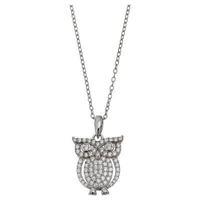 Women's Owl Pendant with Pave Cubic Zirconia in Sterling Silver - Silver/Clear (18")