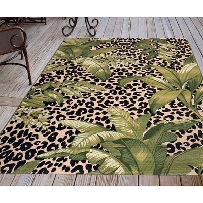 Round Black and Beige Tropical Leopard Print Indoor/Outdoor Rug