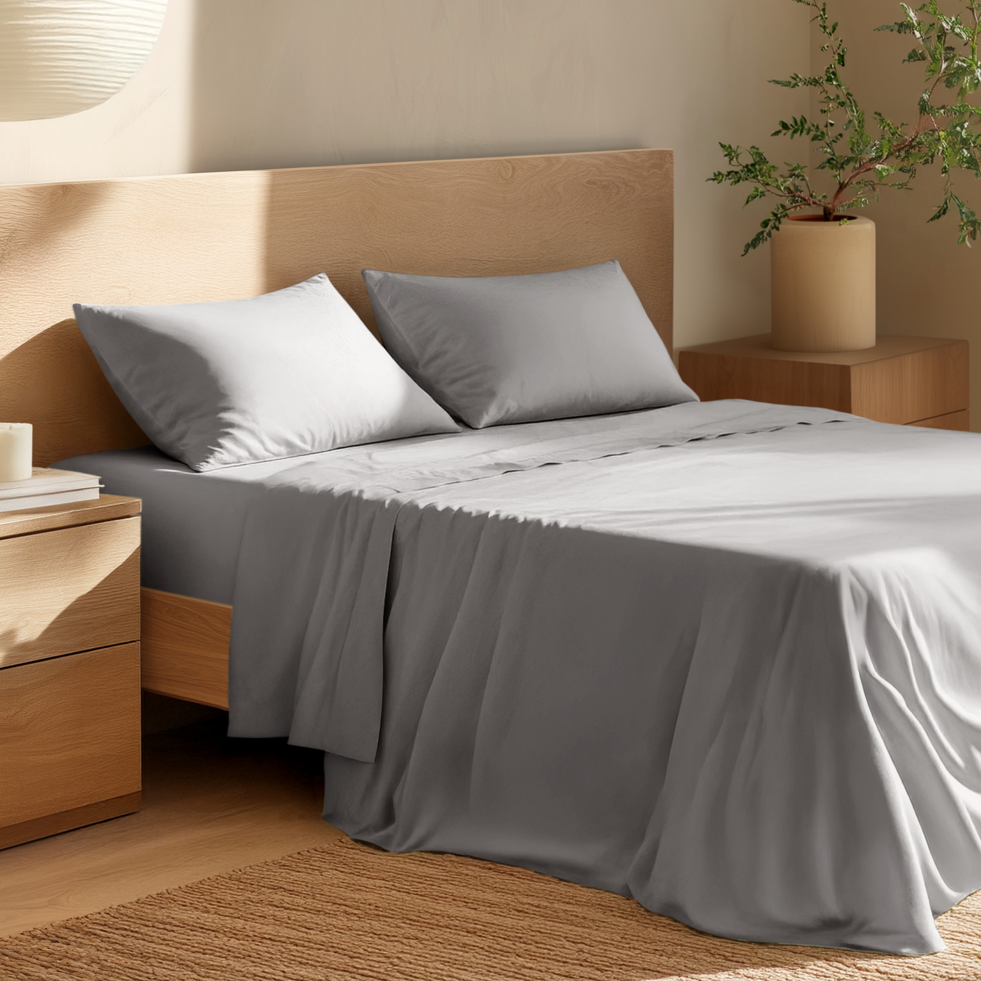 4 Piece 100% Organic Cotton Percale Cooling Sheet Set by Bare Home - King, Light Grey