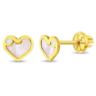 14K Yellow Gold 5mm Heart Stud Earrings Screw Back Madi K Children's Jewelry