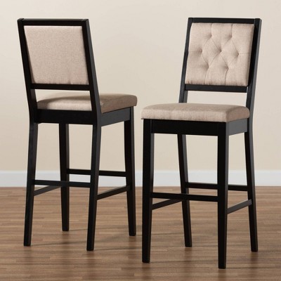 Elegant Sand Fabric & Dark Brown Wood Barstool Set, 2-Piece
