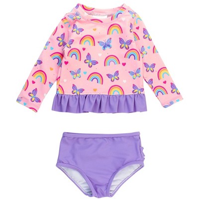 RuffleButts Toddler Girls UPF50+ Long Sleeve Rash Guard Bikini