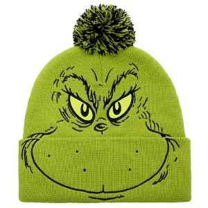 Dr. Seuss Grinch Adult Unisex Big Face cuffed Knitted Pom Beanie - 1 of 2
