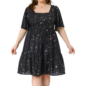 Agnes Orinda Women's Plus Size Sparkly Star Square Neck Ruffle Short Sleeve Flowy Summer Midi Dress - 1 of 4
