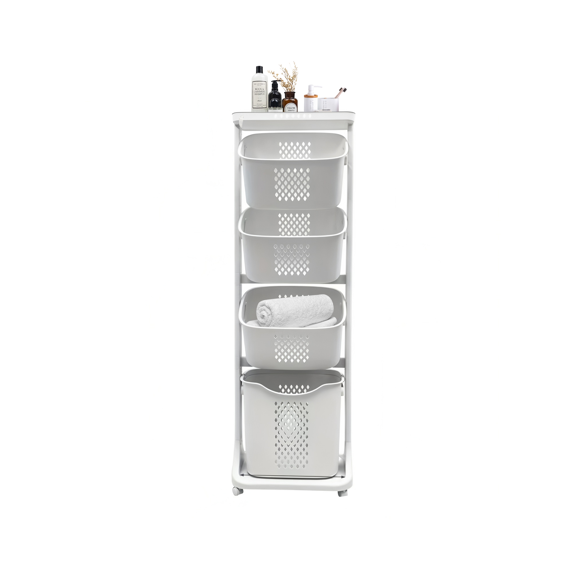 4-Tier Landry Hamper Sorter, Laundry Storage Organizer with Wheels Removable Rolling Laundry Baskets, Bathroom Cart for Dirty Clothes, White