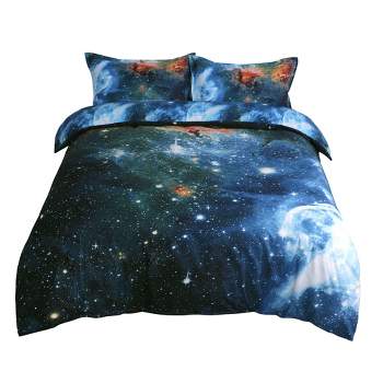 PiccoCasa Polyester Galaxy Sky Cosmos Night Duvet Cover Set 3 Pcs with 2 Pillowcases Queen Multicolor