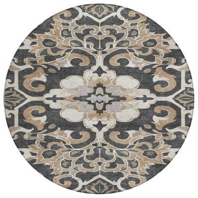 HomeRoots 8' Charcoal And Taupe Round Damask Washable Indoor Outdoor Area Rug
