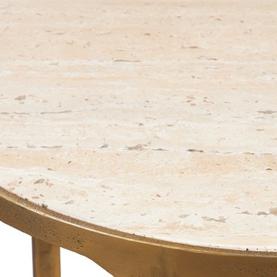 Beige Travertine and Brass Round Side Table