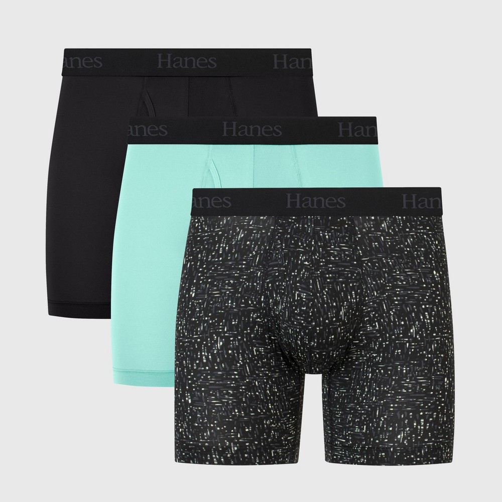 Hanes Originals Premium Super Stretch Boxer Briefs 3pk - Aqua Blue/Black L: Lightweight, Tagless, Moisture Wicking, Quick Drying, Breathable