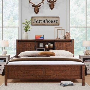 SinCiDo Farmhouse Bed Frame,w/Charging Station, Storage Bookcase Headboard,Sliding Barn Door,No Box Spring Needed, w/Wood Slats Support - 1 of 4