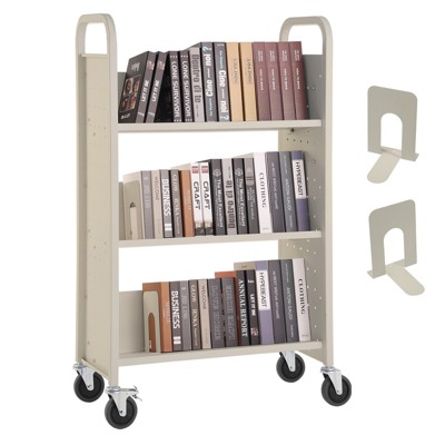 VEVOR Book Cart, 330 lbs Library Cart, 31.1" x 15.2" x 49.2" Rolling Book Cart, Single Sided V-Shaped Sloped Shelves with 4-Inch Lockable Wheels