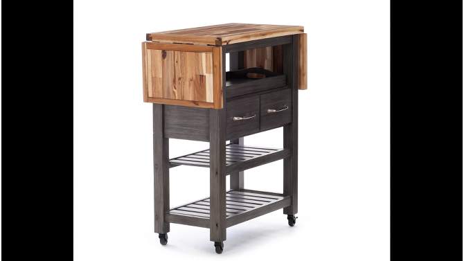 Kenberry Gray/Natural Wood Movable Kitchen Cart Storage Drawers &#38; Shelving Locking Wheels - Powell, 2 of 19, play video